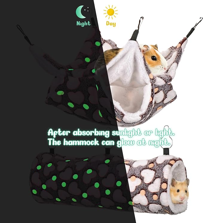 Noctilucent Luminous Brown Guinea Pig Rat Hammock Bunkbed Hanging Tunnel | Mogoko Hanging Soft Bed Mat for Ferret Hedgehog Squirrel Hideout Cage Accessories (Tunnel and Bunkbed Hammock)