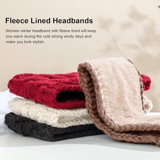 AQOKKA Knit Winter Headbands for Women Fuzzy Wool Fleece Lined Ear Warmers Elastic Turban Crocheted Head Wrap Winter Accessories for Women Cold Weather