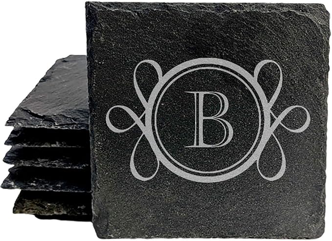 A Touch of Elegance: Personalized Slate Coasters with Monogram - Square Slate - Set of 5