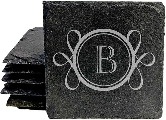 A Touch of Elegance: Personalized Slate Coasters with Monogram - Square Slate - Set of 4
