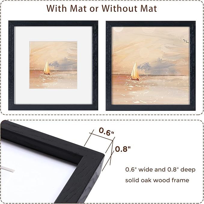 Black Picture Frame 12x12, Oak Wood Frame With Tempered Real Glass, Matted to 8x8, Square Photo Frame for Wall, 1 Pack