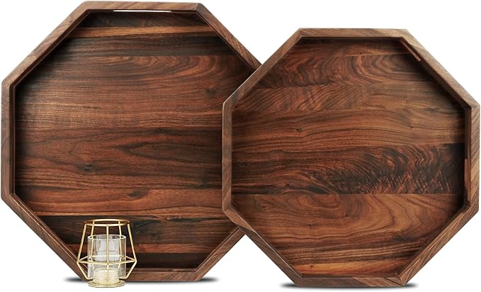 Set of 2 Large Octagonal Black Walnut Wood Ottoman Tray with Handles, Serve Tea, Coffee, Classic Wooden Circular Decorative Serving Tray, 14 &12 inches