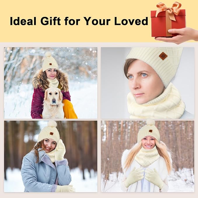 YARIEW Winter Hat Neck Warmer and Gloves Set for Women, Warm Knitted Beanie with Pom Pom, Soft Ear Warmer Scarf, Warm Gloves