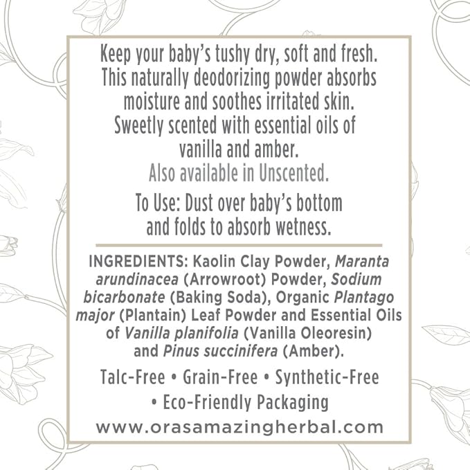 Ora's Amazing Herbal Baby Powder Talc-Free, Real Vanilla Amber Natural Scent, Cornstarch Free Arrowroot and Clay Based Powder, 2.5 oz