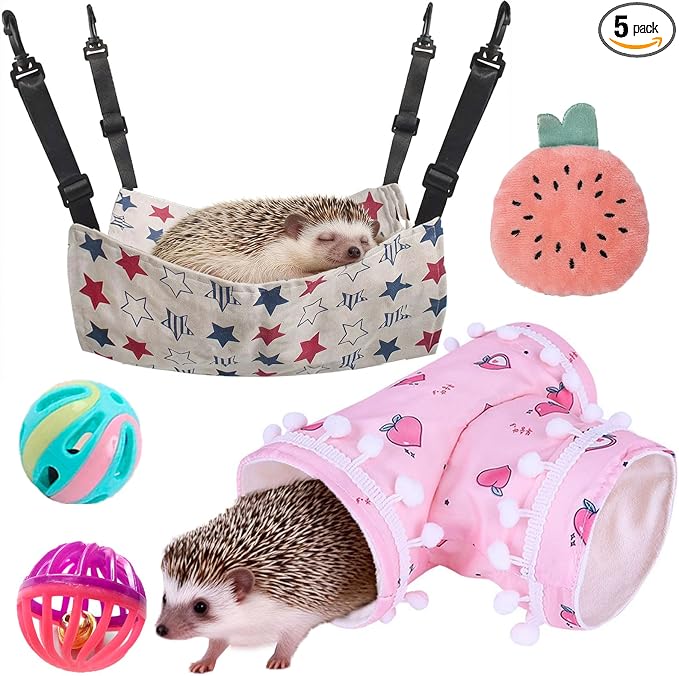 5 Pcs Hedgehog Adjustable Hammock with Hideout Tunnel Interactive Bell Ball Toys Stuffed Toy 3 Way Collapsible Small Pet Tunnels and Tubes Hedgehog Hide Hanging Bed for Cage Accessories