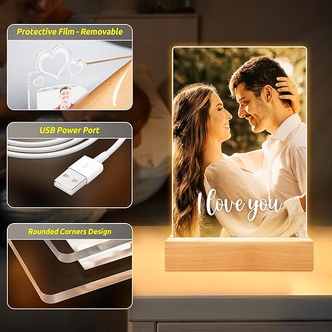 Custom Picture Frames with Photo, Personalized Photo Frame with Night Light, Customized Picture Frame, Personalized Christmas Anniversary Couple Gifts for Women Men Girlfriend Boyfriend Her Him