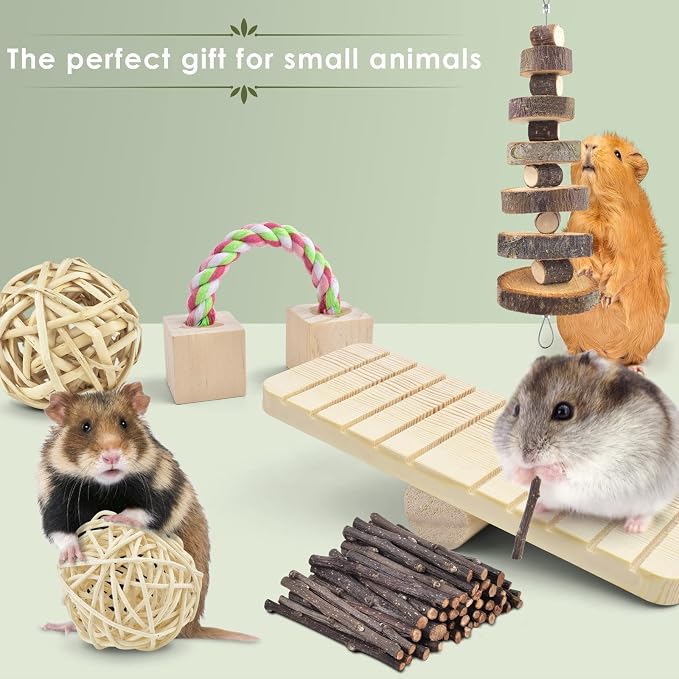 ERKOON Safe 12 Pack Hamster Chew Toys Gerbil Rat Guinea Pig Chinchilla Chewing Toys Cage Accessories, Natural Wooden Dumbbell Exercise Bell Roller Teeth Care Molar Toy for Rabbits Bird Small Animals