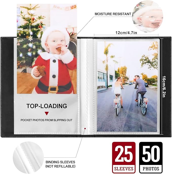 Ywlake Photo Album 4x6 50 Pockets 2 Packs, Small Mini Capacity Linen Photo Album Bulk Sets, Each Pack Holds 50 Top Loader Vertical Only Picture for Kids Boy Girls Black