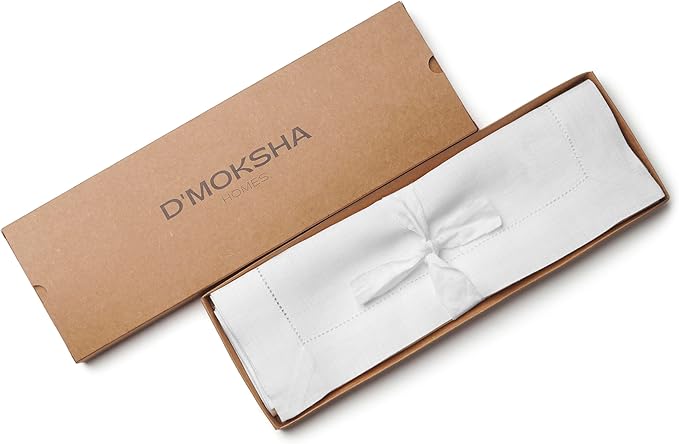D'Moksha Homes White Linen Placemats Set of 4 - Classic Hemstitch Placemats 14 x 19 Inch - 100% Pure Linen Table Mats for Fall, Thanksgiving, Christmas, Holiday - Handcrafted and Machine Washable
