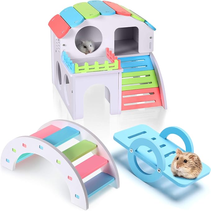 Skylety 3 Pieces Fun Hamster Guinea Pig Hideout Kit, Large, Rainbow Color | Include PVC Hamster House, Rainbow Bridge, Seesaw DIY Exercise Playhouse for Rats Mouse Small Animals