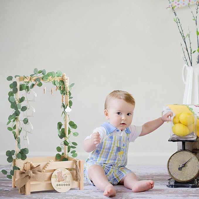 Wooden Baby Shower Crate - Baby Shower Basket Gift Set with Milestone Card, Eucalyptus Leaves, Tassel Bead String, Burlap Tape & More for Baby Showers, Nursery Decor & Photo Props