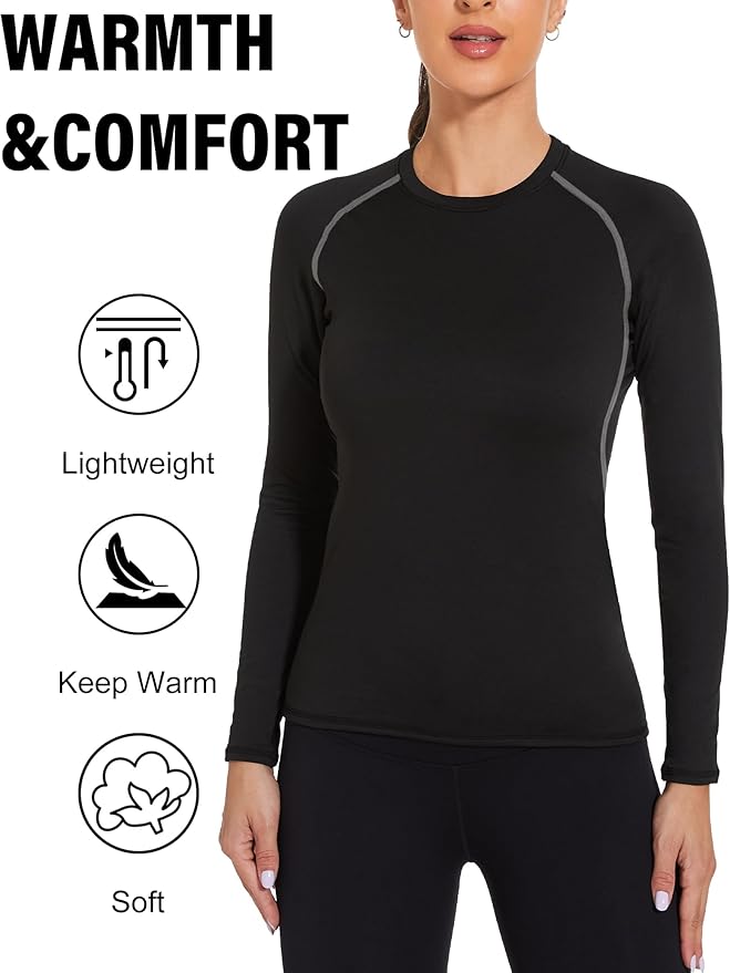 Womens Thermal Compression Long Sleeve Shirts Fleece Lined Tops Crew Neck Slim Fit Base Layer Ladies Underwear