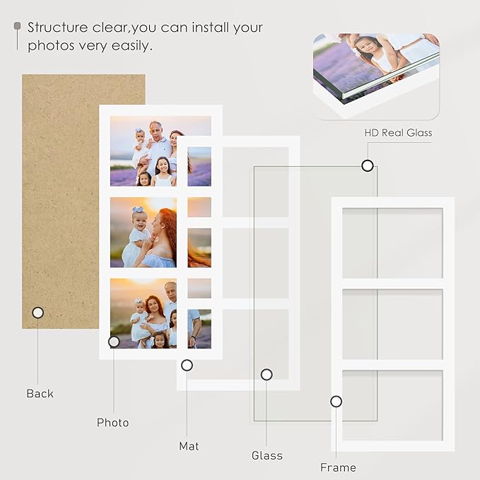 5x7 Picture Frame Collage Holds 3 Photos Made of High Definition Glass, Mat for Display 4x6 Picture Frame Collage Photo for Wall Decor White