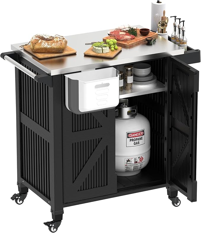 Outdoor Grill Cart with Storage Cabinet, Movable Kitchen Island with Stainless Steel Countertop, 4 Swivel Wheels, PP Material Rolling BBQ Food Prep Table Cart for Patio, Poolside, Black