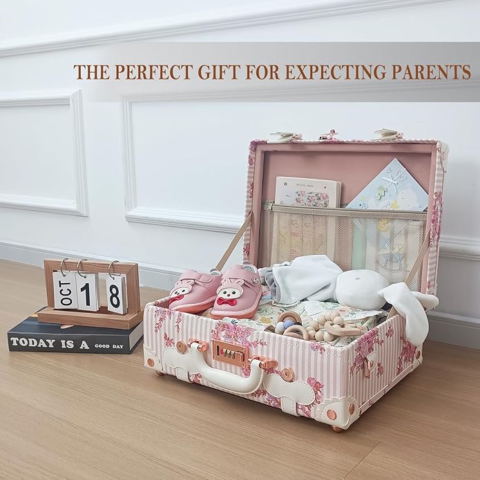 Unitravel Baby Keepsake Case, Handmade Memory Storage Box, Newborn Keepsake Box, Vintage Suitcase for Baby Shower, Baptism, Naming Ceremony or Birthday