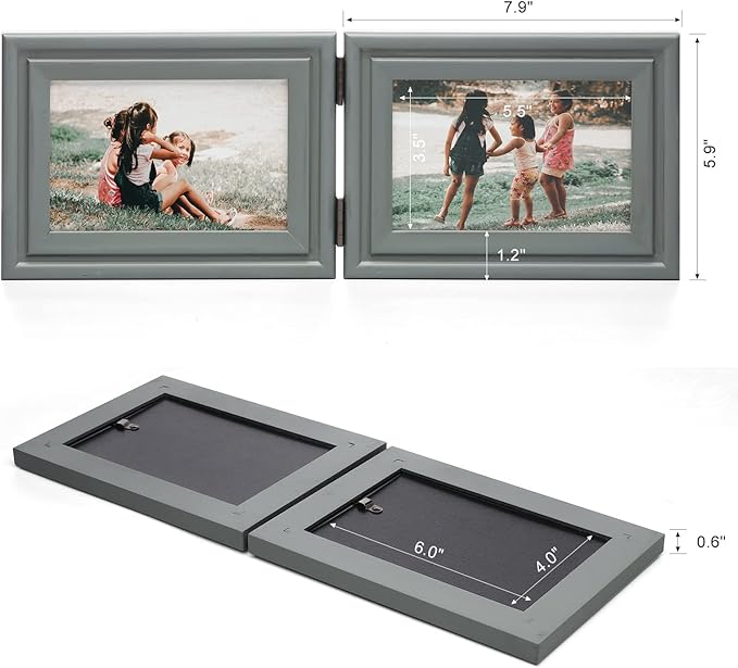 Horizontal 4X6 Picture Frames Double Hinged Wood Folding Photo Frames with Real Glass Front Fit for Desktop or Tabletop, Gray XHUI-H64X2