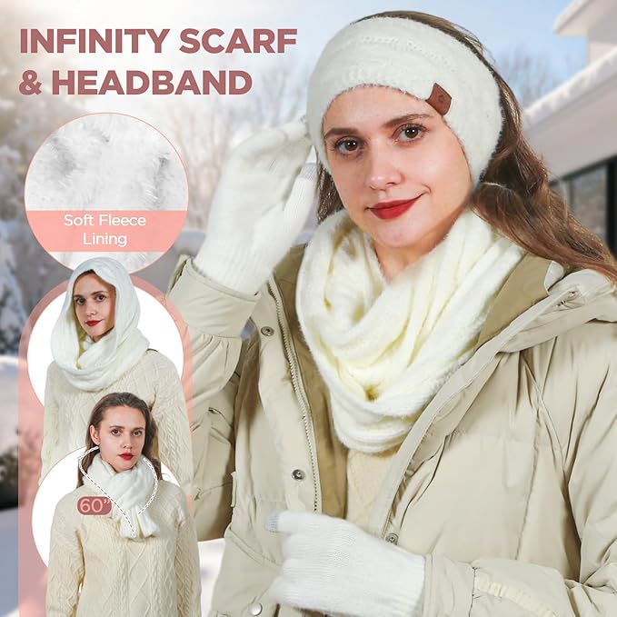 Womens Beanie Hat Infinity Scarf Touchscreen Gloves Fleece Headband 4 in 1 Winter Clothes Set Gifts for Women