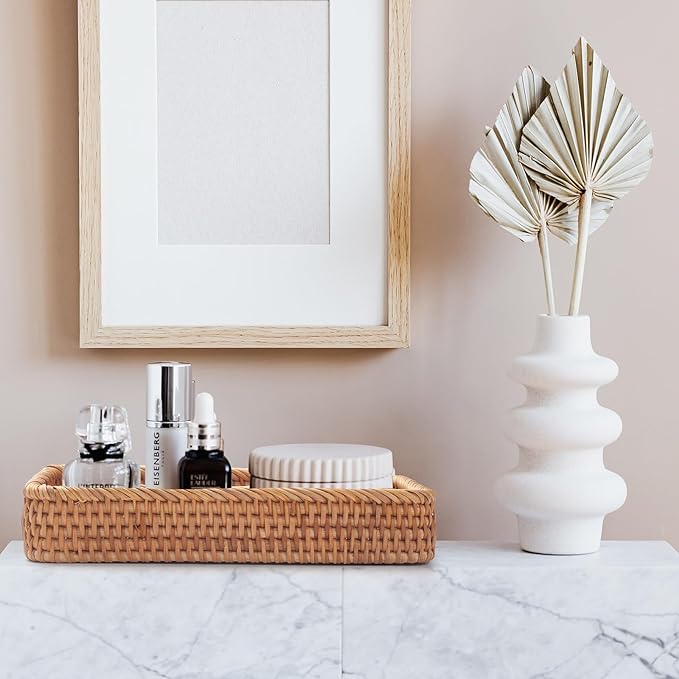 Rattan Bathroom Vanity Trays Toilet Tank Baskets Long Narrow Hand Towel Storage Basket for Storage, Decorative (Natural 10.2 x 4.9 x 1.6 inch)