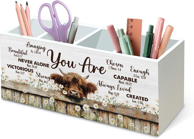 DILSJ Christian Highland Cow 4 Compartment Pen Pencil Holder for Desk | Inspirational Christian Gifts, Rustic Cow Motivational Wooden Box Signs Organizer for Home Office Desk Tabletop Decoration