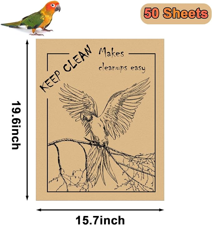 50PCS Disposable Bird Cage Liners 19.6x15.6 Inch Absorbent Precut Paper Pads for Parrots & Small Birds - Cage Bottom Protectors with Quick Cleanup Design