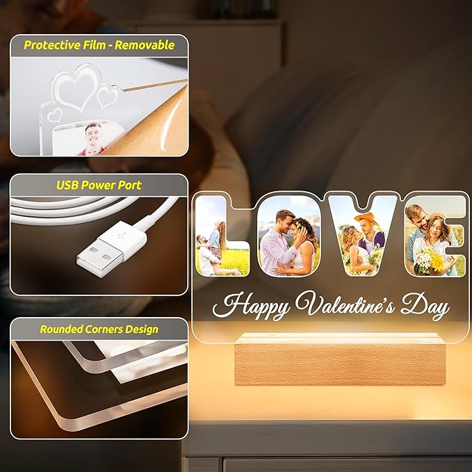 Custom Picture Frames with Photo, Personalized Photo Frame with Night Light, Customized Couples Gifts, Personalized Christmas Anniversary Valentines Gifts for Women Men Her Him Girlfriend Boyfriend