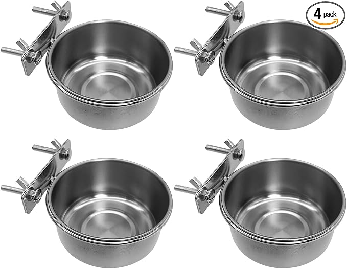 Tfwadmx 4 Pcs Stainless Steel Bird Bowls with Clamp,Clamp Holder Coop Cup,Bird Dishes for Cage, Cage Water Bowl for Cockatiels Lovebird Budgie Chinchilla