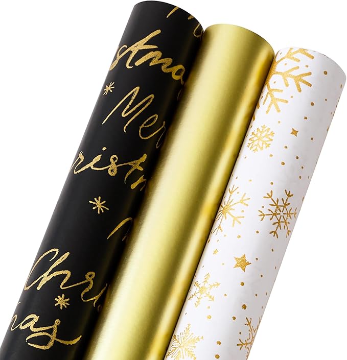 YANGTE Christmas Wrapping Paper Mini Rolls, 3 Rolls 17" x 120" Gift Wrapping Paper Christmas rolls, Holiday Wrapping Papers Black White Gold