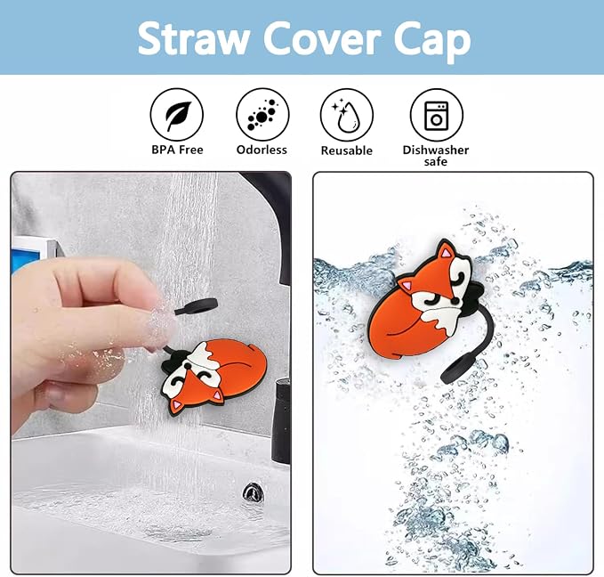 Animal Straw Toppers For Stanley Cups;Straw Covers Cap Toppers Compatible With Stanley 30&40 Oz Tumbler, Reusable & Silicone Tumbler Straws Topper For 0.4 Inch Tips Animal Lover Gifts (Fox)