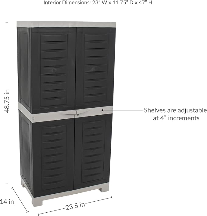 Sunnydaze 48" H Resin Garage Storage Cabinet - Garage Cabinet with Lockable Doors and 3 Adjustable Shelves - Freestanding Utility Storage for Laundry Room, Office, Basement - Charcoal