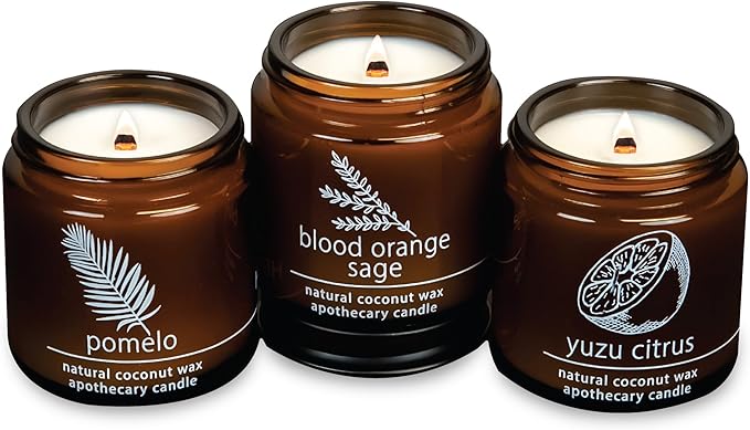 Hemlock Park Apothecary Wood Wick Candle Trio | Gift Set of Three 4 oz Candles Handcrafted with Natural Coconut Wax (Citrus | Pomelo, Yuzu Citrus, Blood Orange Sage)