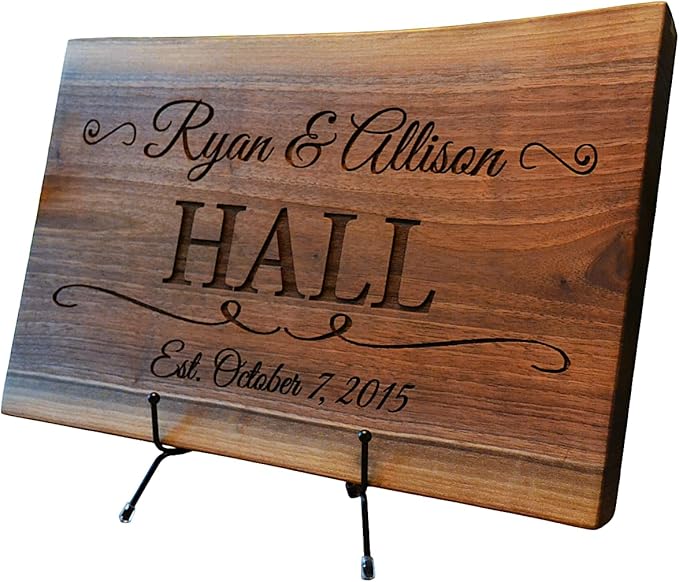 Personalized Cutting Board Wedding Gift Elegant Walnut Polished Live Edge Wood Display Custom Engraved Rustic Unique Anniversary Bride Groom Newlywed Couple Parents Housewarming (Embracing Swirls)
