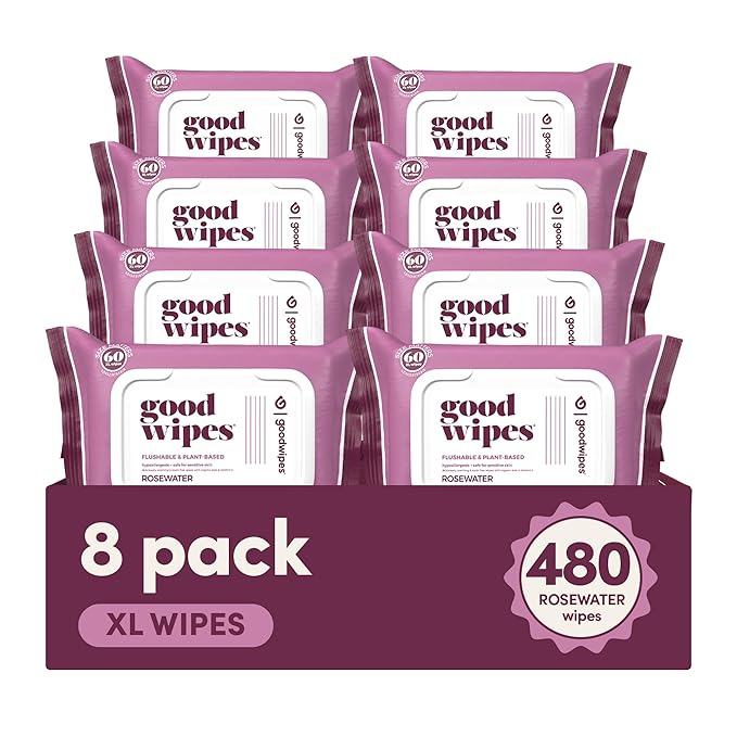 goodwipes Flushable Butt Wipes Made with Vitamin E & Aloe - Soft & Gentle Wet Wipe Dispenser for Home Use, Septic & Sewer Safe - Largest Adult Toilet Towelettes - Rosewater, 480 Count (8 Packs)