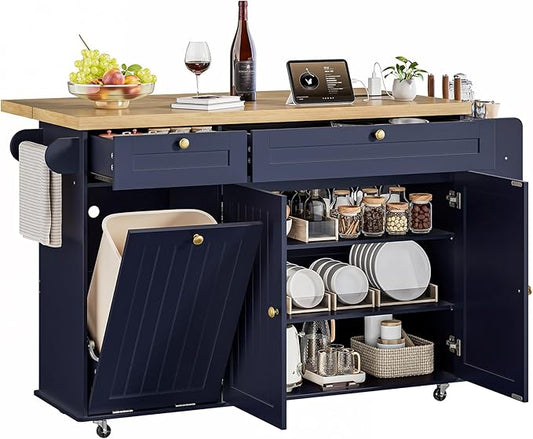 ONBRILL 60" Kitchen Island with Power Outlet & Drop Leaf, Mobile Storage Island with Spice Rack & Towel Rack, 4 Levels, Blue