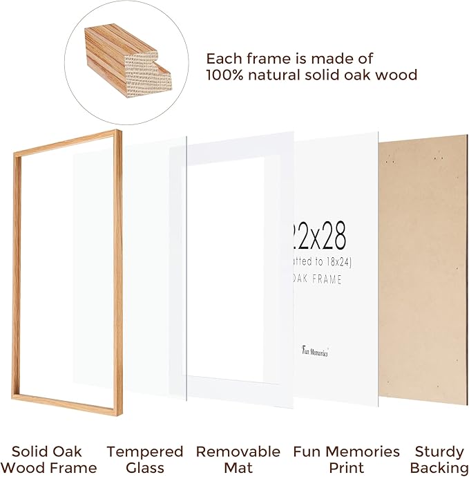 22x28 Picture Frame, 22 x 28 Poster Frame - Solid Oak Wood and Tempered Real Glass, 22"x28" Wood Frame, 22x28 Picture Frame Matted to 18x24, 22 by 28 Art Frame, Natural Oak Color