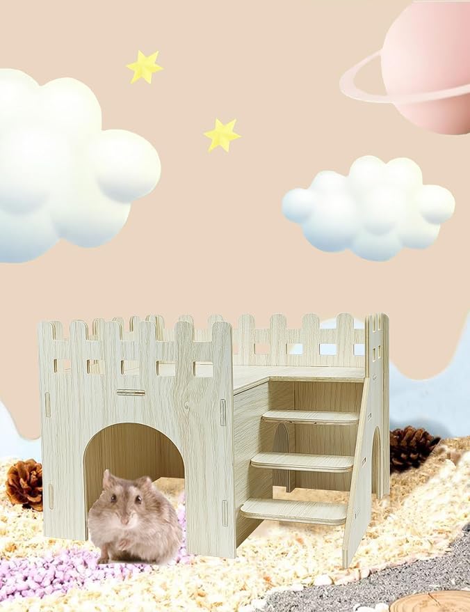 Hamster Hideout Cage Accessories - Hamster House and Habitat Wooden Hide Hut with Climbing Stairs and Platform for Syrian Dwarf Gerbils and Mouse Mice Rat，Small Animals etc.