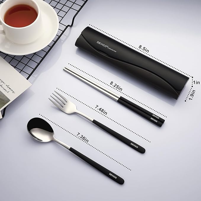 DEVICO Portable Travel Utensils with Case, Reusable Camping Silverware for Lunch, 18/8 Stainless Steel Cutlery Set (Black)