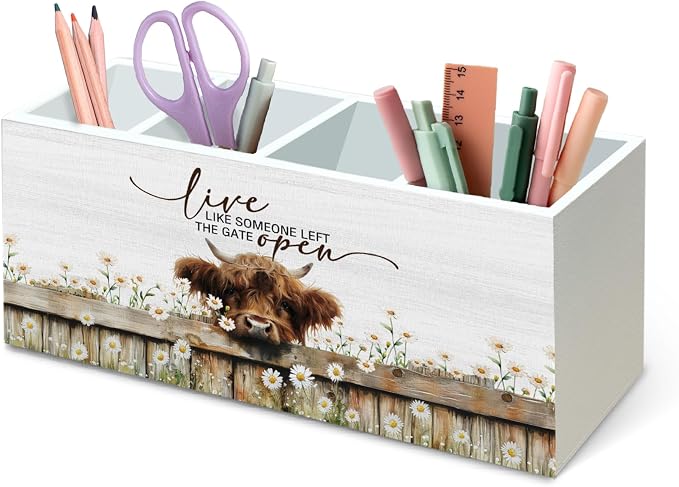 DILSJ Rustic Western Highland Cow 4 Compartment Pen Pencil Holder for Desk | Cow Lover Gifts, Live Like Someone Left the Gate Open Wooden Box Signs Organizer for Home Office Desk Tabletop Decoration