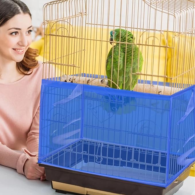 Daoeny Large Bird Cage Cover, Bird Cage Seed Catcher, Adjustable Soft Airy Nylon Mesh Net, Birdcage Cover Skirt Seed Guard for Parrot Parakeet Macaw African Round Square Cages (Blue)