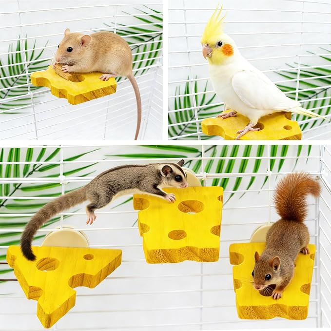 3 Pack Cheese-Themed Wooden Climbing Platforms with Mounting Kit - Multi-Level Cage Accessories for Sugar Gliders, Rats, Squirrels & Small Climbers