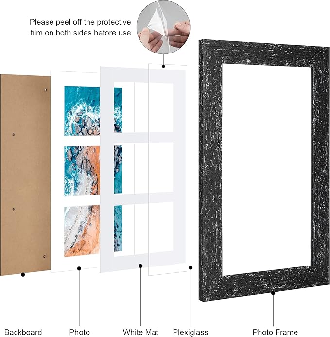 8x14 Picture Frame Display 3 opening 4X6 Picture Frame Collage,Multi Photo Frame with Mat,Plexiglass,Wall Hanging Decor,Black Wood Grain