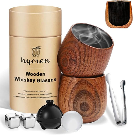 Bourbon Gifts for Men Handcrafted Charred Wooden Whiskey Glass, Wood Whiskey Glass - 10 oz old Fashioned Glass Cups for Bourbon, Perfect Christmas Gifts for Men, Dad, Husband, Brother (2 Pack）