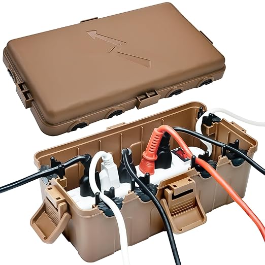 Hrensaw Medium Outdoor Electrical Box(10.6x5.5x4.5inch),IP54 Waterproof Extension Cord Cover w/6 Cable Entry,Weatherproof Connection Box Protect Power Strip,Timer,Plug,Holiday Lights,Brown