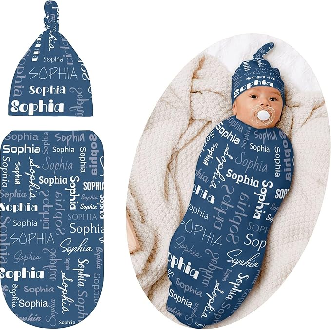 Personalized Baby Swaddle Blanket for Boys Girls Name Lettering Custom Name Receiving Blanket with Cap for Newborn Girls and Boys Soft Sleeping Sack