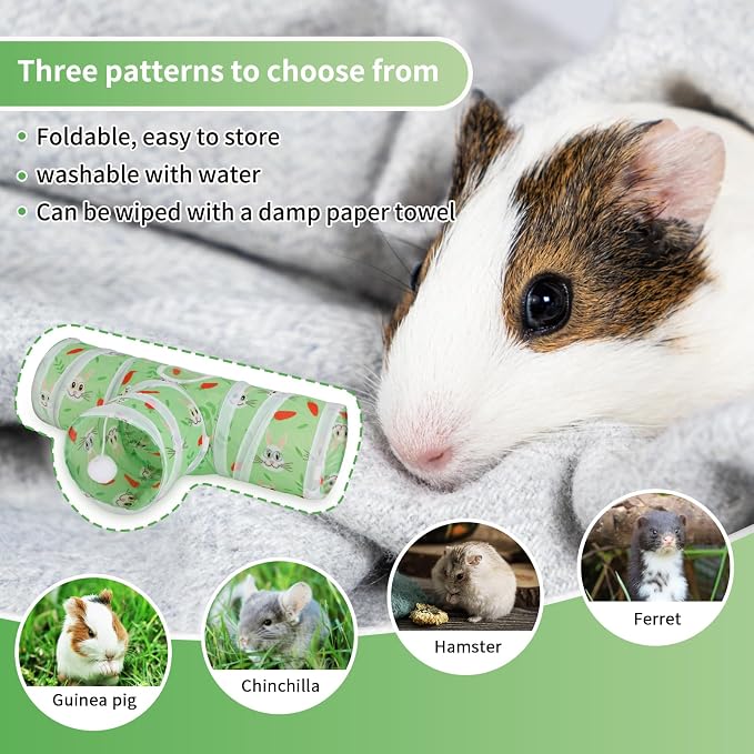 Rypet Guinea Pig Tunnel Hideout 3-Way Collapsible Small Pet Tubes, Green | 3 Way Design for Exploration, Collapsible for Easy Storage, Built-in Play Ball, Hiding & Resting for Hamsters Ferrets