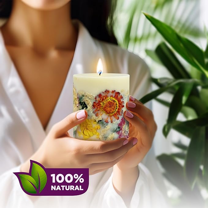 VIONAMI Botanical Scented Pillar Candle - Tropical Rare Flower Fragrance Candles Gifts for Women, Gift Ready - Decorative Natural Soy Scented Candles with Dried Flowers for Home (Mums)