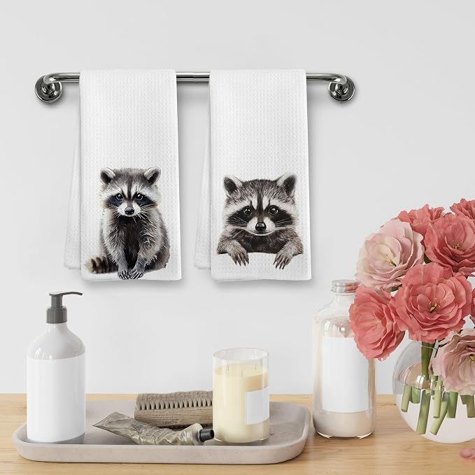 Funny Raccoon Kitchen Towels and Dishcloths Sets of 2, Raccoon Decor Gifts, Woodsy Rustic Cabin Lodge Forest Animal Nursery Home Decor Dish Hand Tea Towels for Bathroom Kitchen, 16x24 Inches