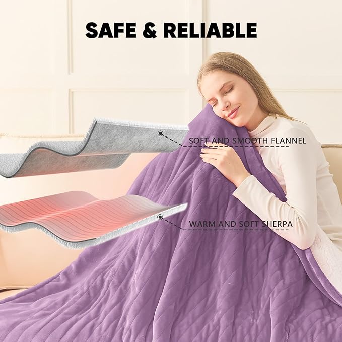 greenoak Heated Blanket Electric Throw 50"X60", Heating Blankets with 10 Heat Levels 8 Hours Auto-Off, Soft Flannel Sherpa Fluffy House Warming Gifts for Grandma Seniors Momt,Wisteria