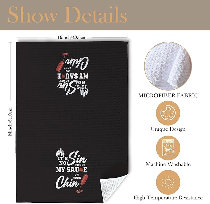 Funny Cooking Kitchen Towels, Gifts for Cooking Lovers, Housewarming Gifts Dish Tea Towels for Kitchen, It's No Sin to Get My Sauce on Your Chin Decorative Hand Towel, 16x24 Inch
