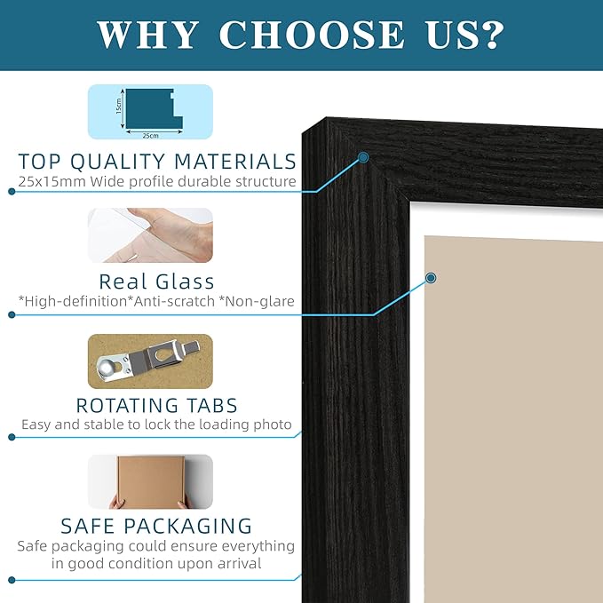 4x6 Picture Frame Set of 4, Made of Real Glass and Rustic Black Wooden Frame, 4 by 6 Photo for Wall or Tabletop - Display Picture 3.5x5 with Mat or 4x6 Without Mat