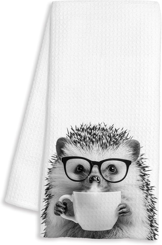 Funny Hedgehog Decor Coffee Kitchen Towels Gift, Hedgehog Gifts for Women, Coffee Gifts for Women, Animal Lover Gift Decorative Dish Hand Tea Towels for Kitchen Home Bar Decor, 16x24 Inch
